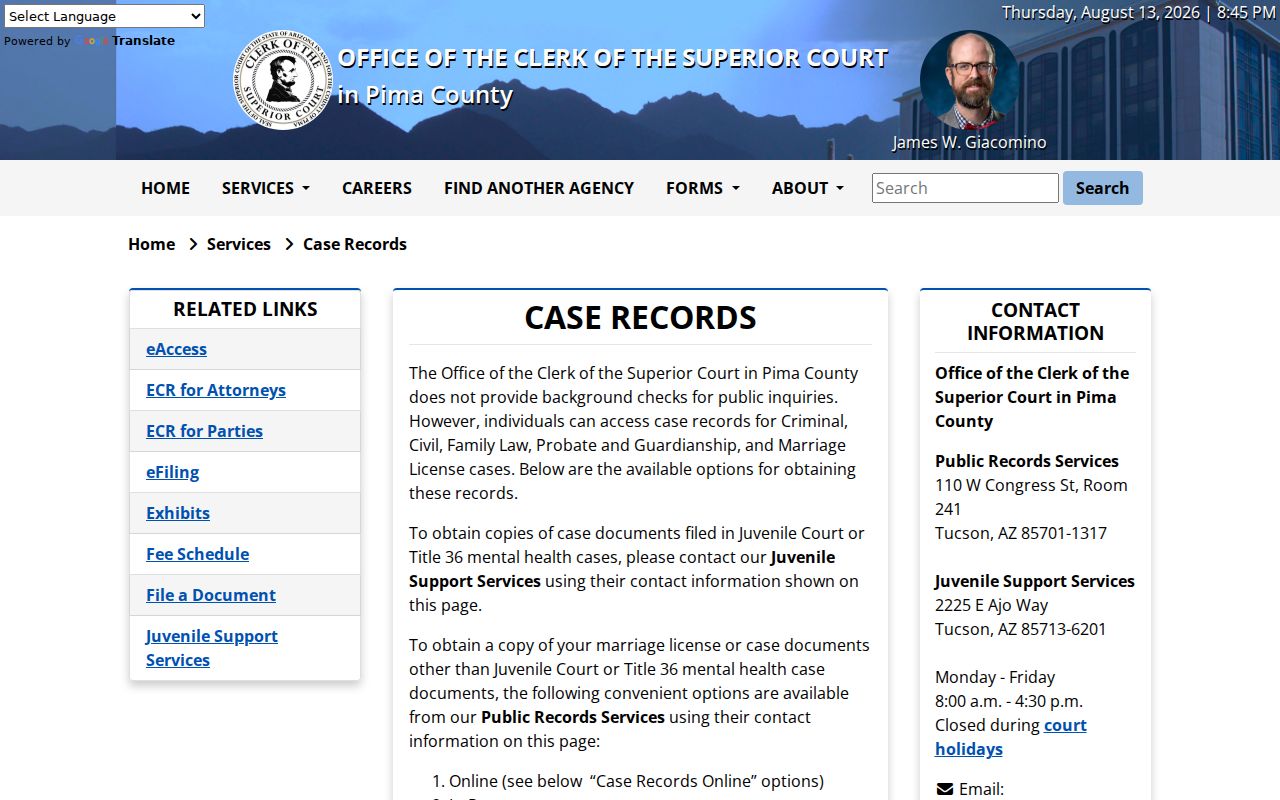 Pima County court docket case-record access channels at the Clerk