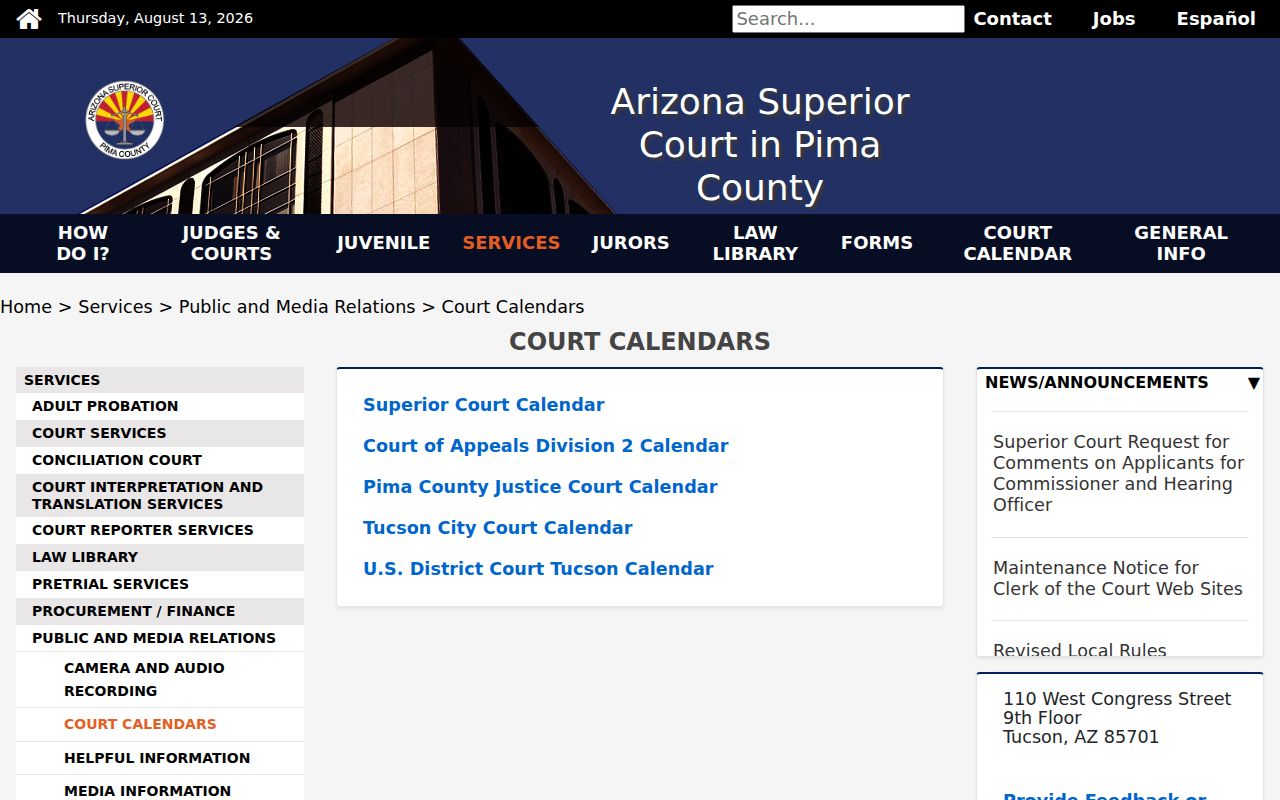 Pima County court docket calendar choices for local and federal courts