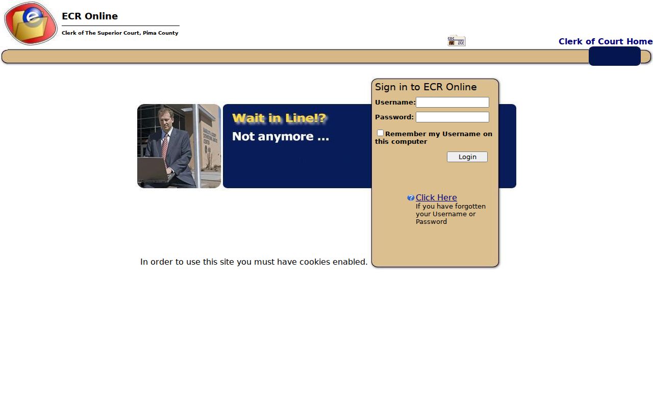 Pima County court docket ECR Online sign-in screen
