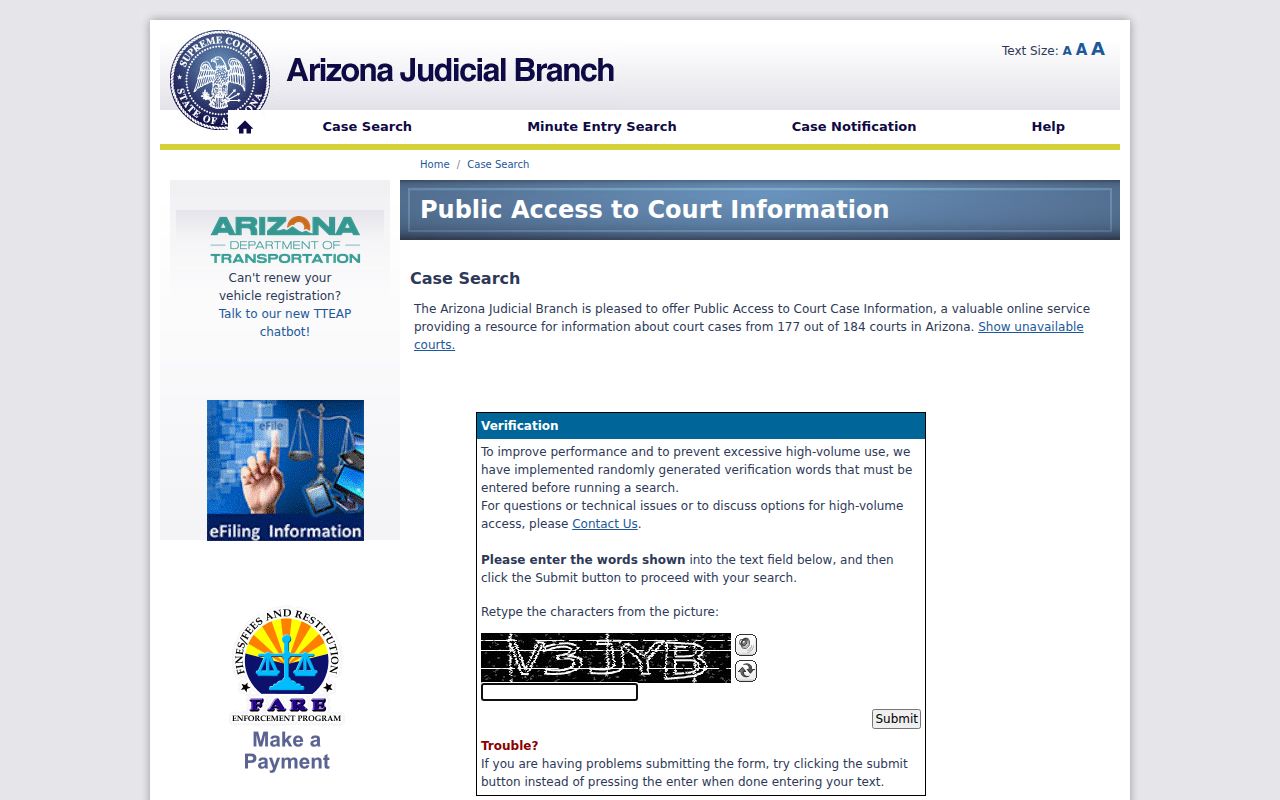 Pima County court docket search through Arizona Public Access