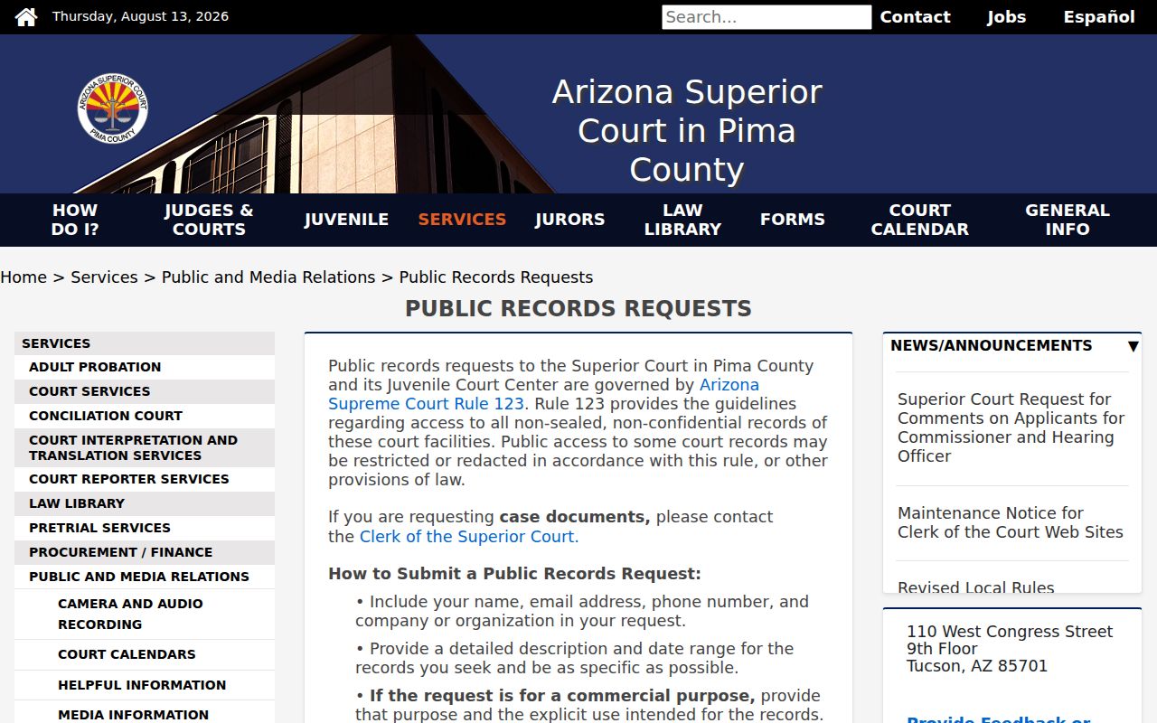 Pima County court docket administrative record request guidance