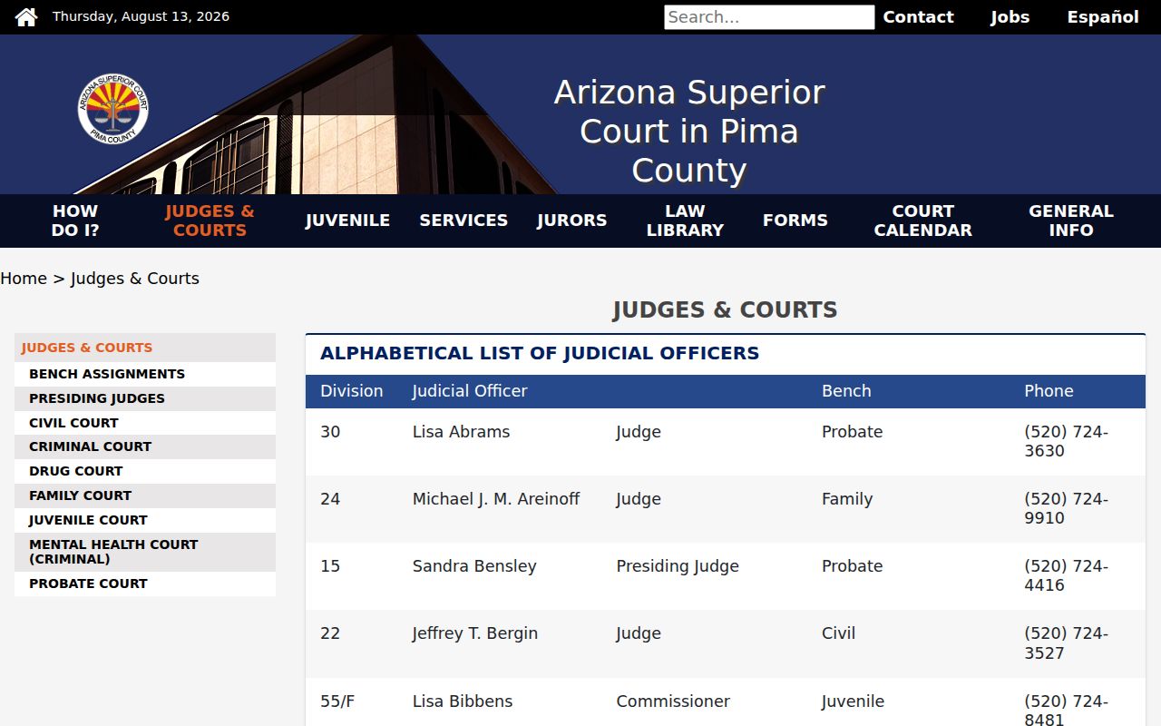 Pima County court docket divisions and court assignments