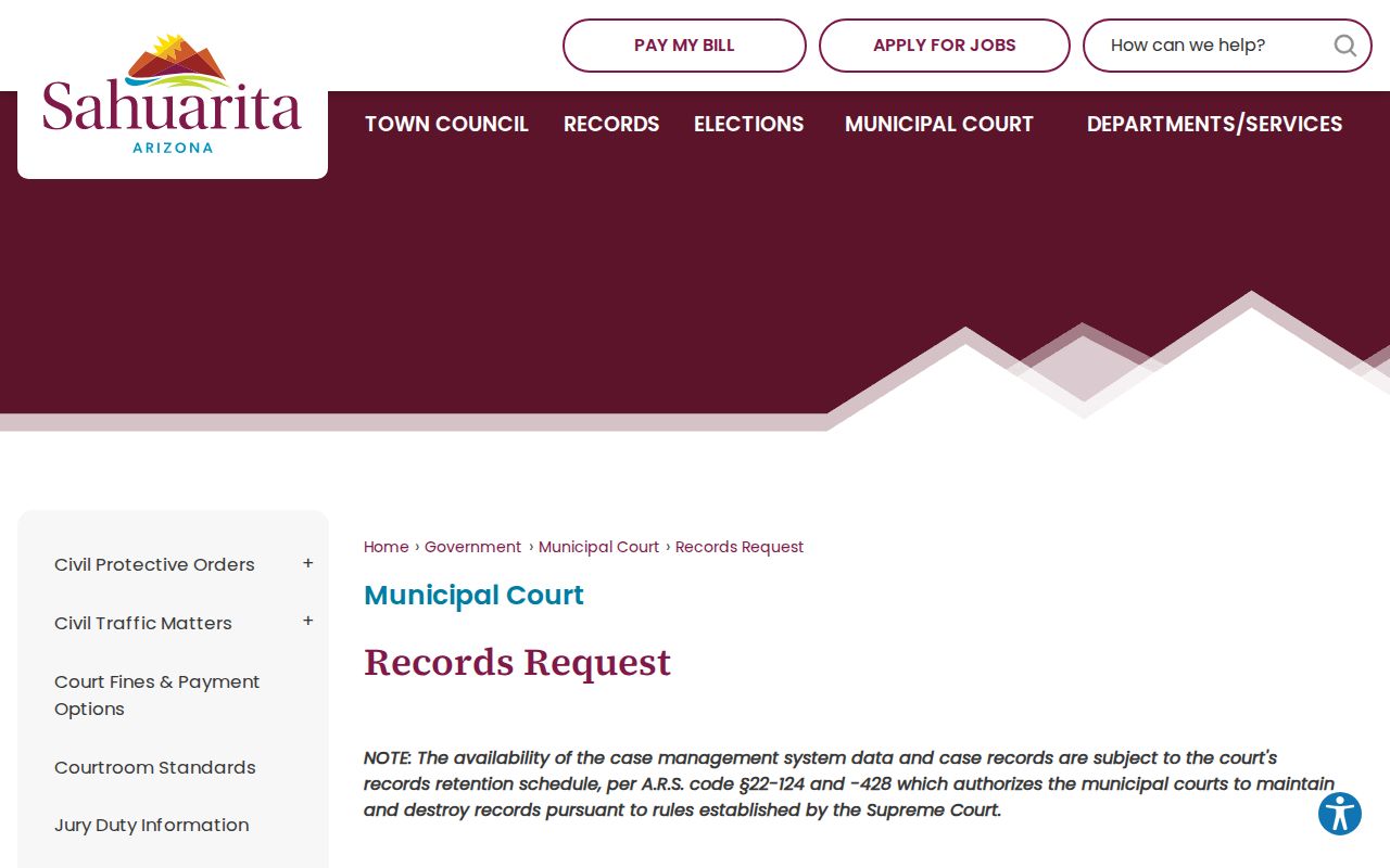 Sahuarita court docket records request and fee page