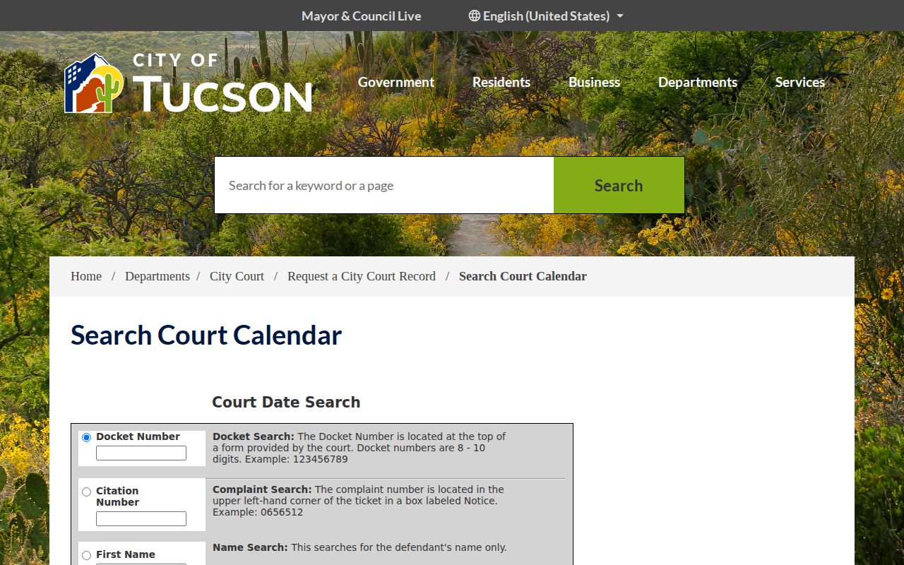 Tucson court docket calendar search interface