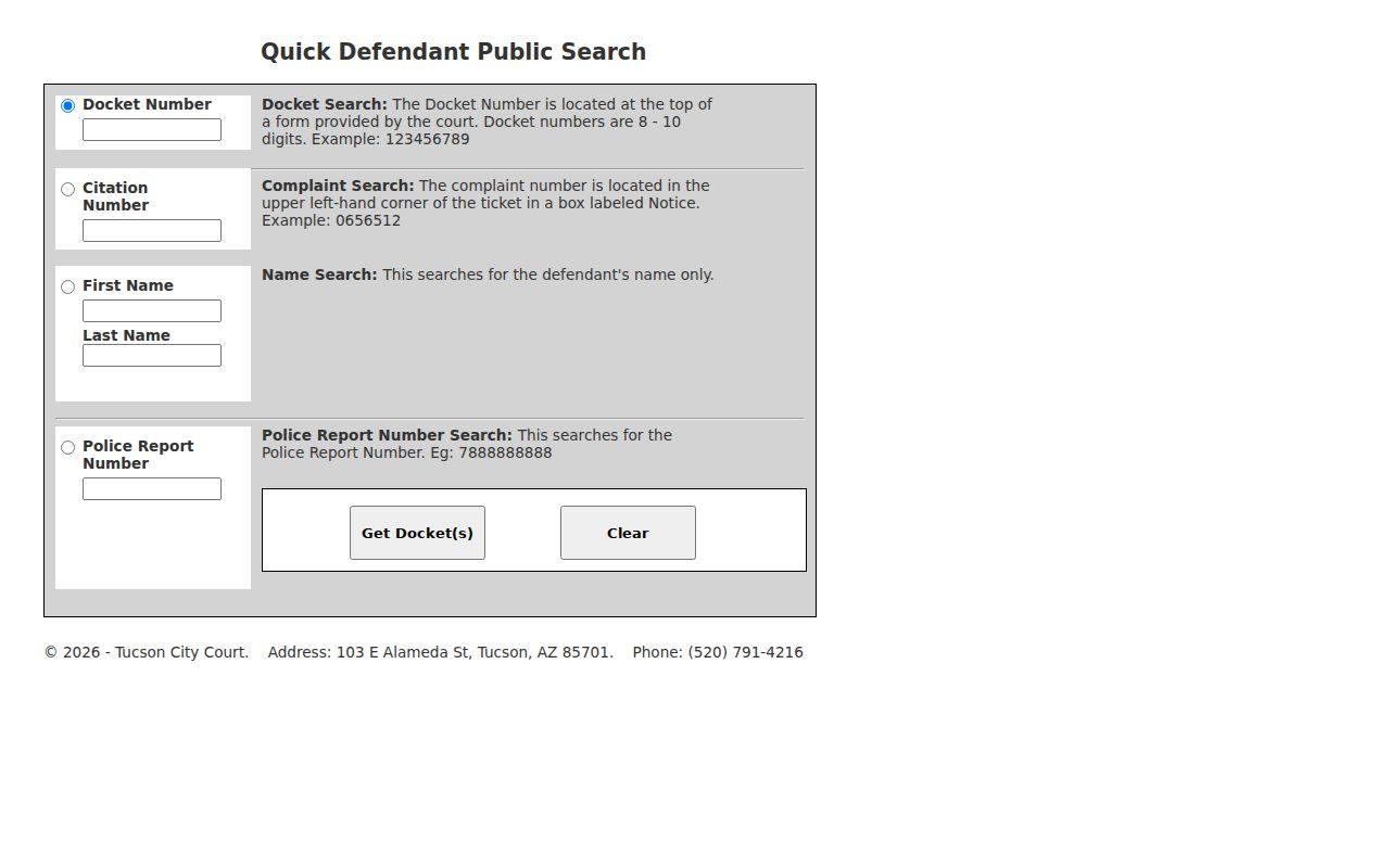 Tucson court docket Quick Defendant Public Search fields